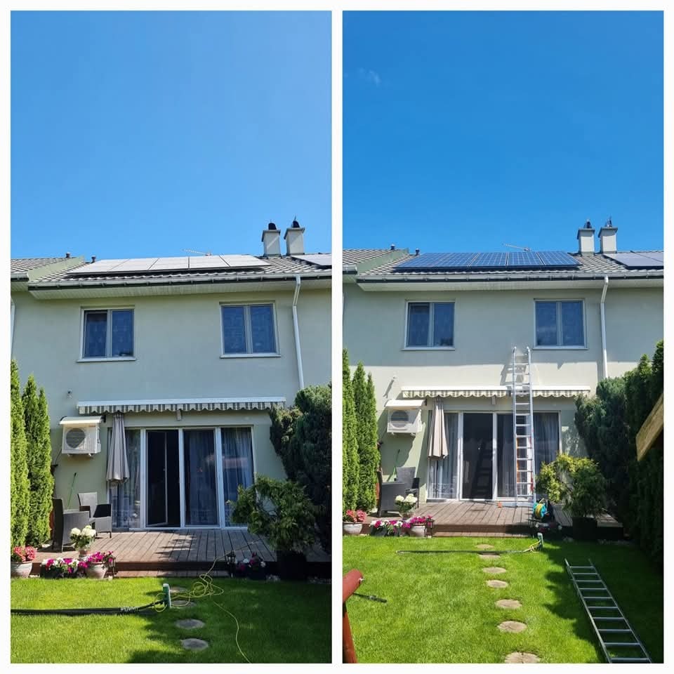 Zdjęcie 'przed i po' czyszczenia paneli słonecznych na dachu domu. Po prawej stronie drabina oparta o ścianę, co wskazuje na trwające prace serwisowe.