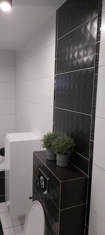 Nowoczesna toaleta z czarno-białymi płytkami, dekoracyjną ścianą z płytek o wzorze geometrycznym, zabudowaną spłuczką, dwiema doniczkami z zielonymi roślinami i częściowo widoczną deską sedesową.