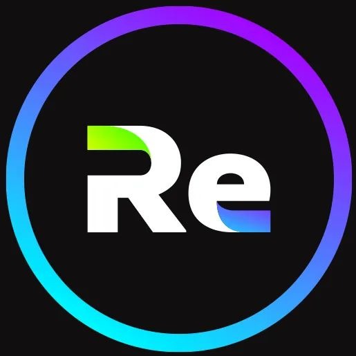 Graficzne logo z białym napisem 'Re' na czarnym tle, otoczone gradientowym okręgiem przechodzącym od fioletu do błękitu, z zielonym akcentem na 'R' i niebieskim na 'e'.