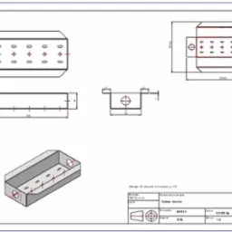 Techniczny rysunek 2D/3D metalowej obudowy z otworami, zawierający wymiary i przekroje, wykonany w programie CAD.