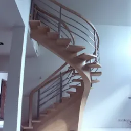 Spiralne schody z jasnego drewna z metalową balustradą w nowoczesnym wnętrzu z białymi ścianami i podłogą.