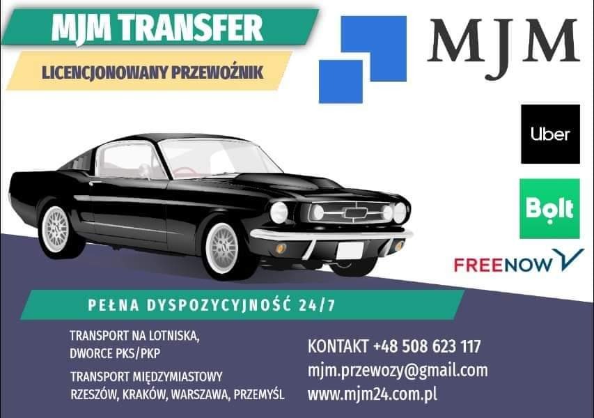 Grafika reklamowa firmy transportowej MJM Transfer z czarnym samochodem typu muscle car, informacjami kontaktowymi i logami Uber, Bolt i FreeNow.