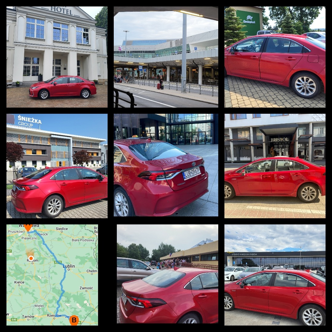 Kolaż zdjęć czerwonej taksówki Toyota Corolla w różnych lokalizacjach: przed hotelem, lotniskiem, budynkiem biurowym Śnieżka Group i mapą trasy Warszawa-Rzeszów.