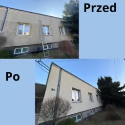 Porównanie elewacji domu przed i po odświeżeniu, widoczna drabina oparta o ścianę, zmiana koloru elewacji z szarej na jasną.
