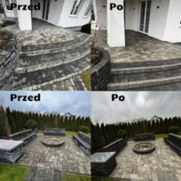 Porównanie stanu kostki brukowej przed i po czyszczeniu: schody prowadzące do domu oraz patio z miejscem na ognisko, widoczne różnice w kolorze i czystości. Zdjęcie podzielone na cztery części...