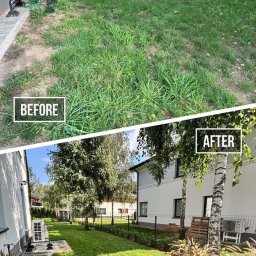 Gizogrod - Przed i po: zaniedbany trawnik z chwastami obok białego domu i klimatyzatora, przekształcony w zadbany ogród z równym trawnikiem, nowymi nasadzeniami i ścieżką z kostki.