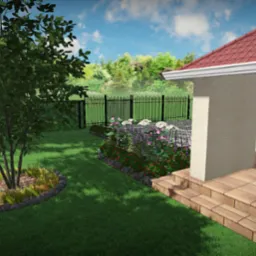 Wizualizacja ogrodu z niskim drzewem otoczonym kamieniami i rabatą kwiatową wzdłuż ogrodzenia, przylegająca do tarasu domu z czerwonym dachem.