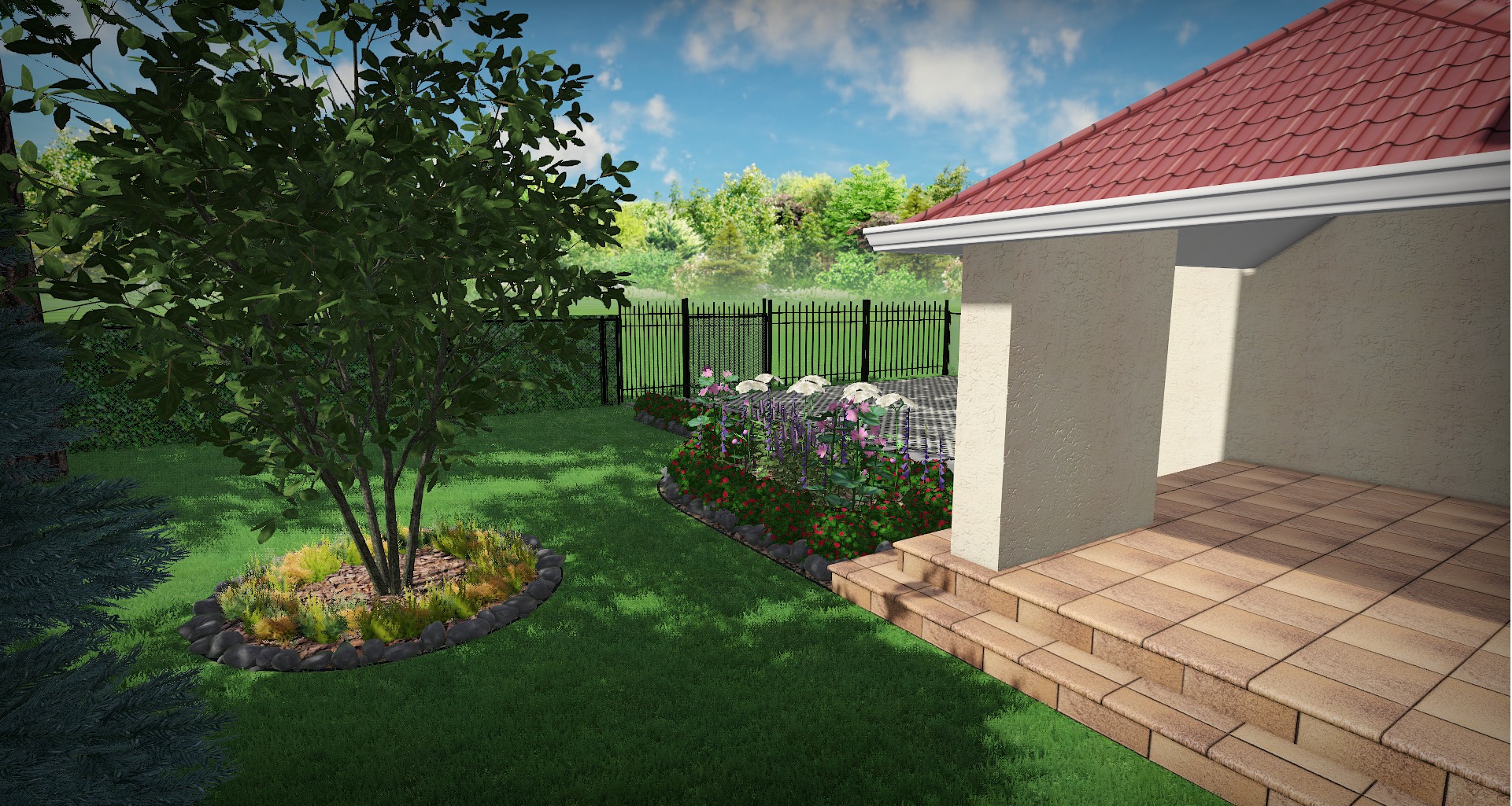 Wizualizacja ogrodu z niskim drzewem otoczonym kamieniami i rabatą kwiatową wzdłuż ogrodzenia, przylegająca do tarasu domu z czerwonym dachem.