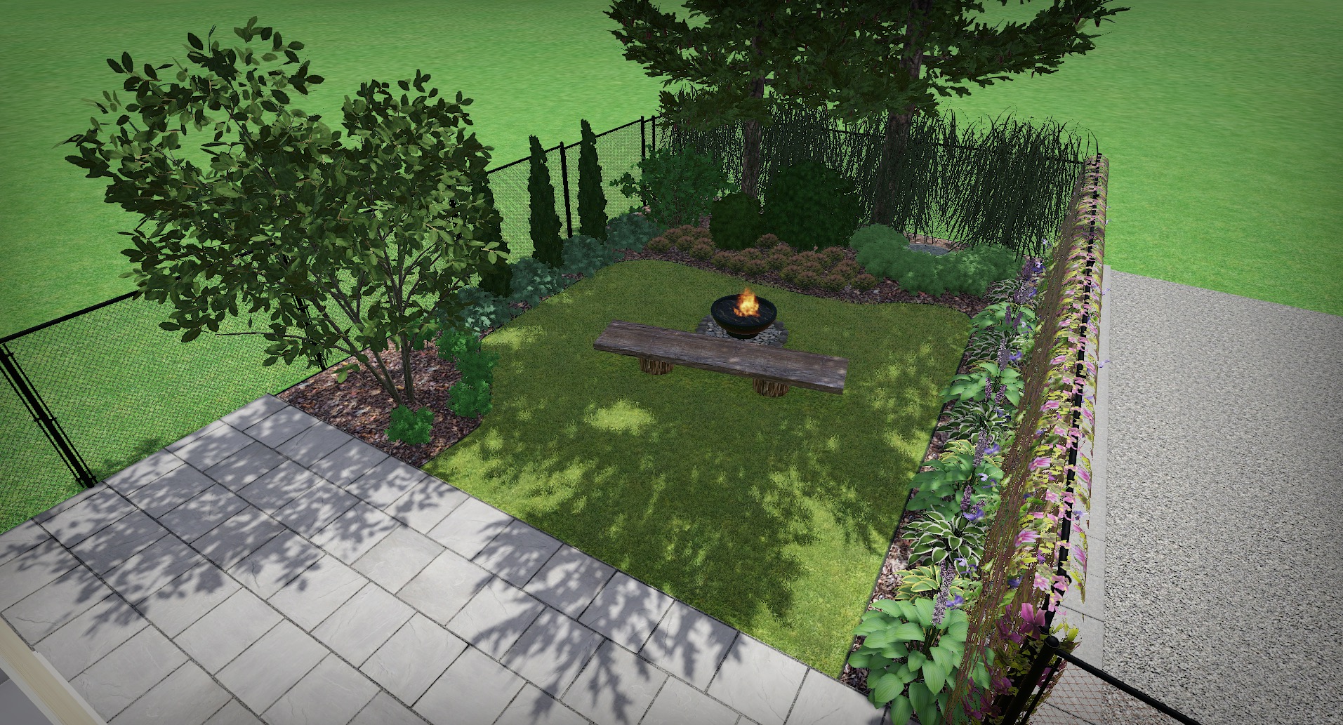 Wizualizacja projektu zagospodarowania przestrzeni przydomowej z paleniskiem, drewnianą ławką, obrzeżami z roślin i utwardzoną nawierzchnią z kostki.