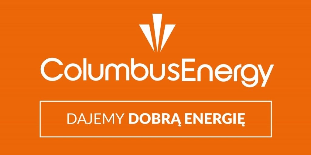 Pomarańczowe tło z białym logo Columbus Energy i hasłem 'DAJEMY DOBRĄ ENERGIĘ' poniżej.