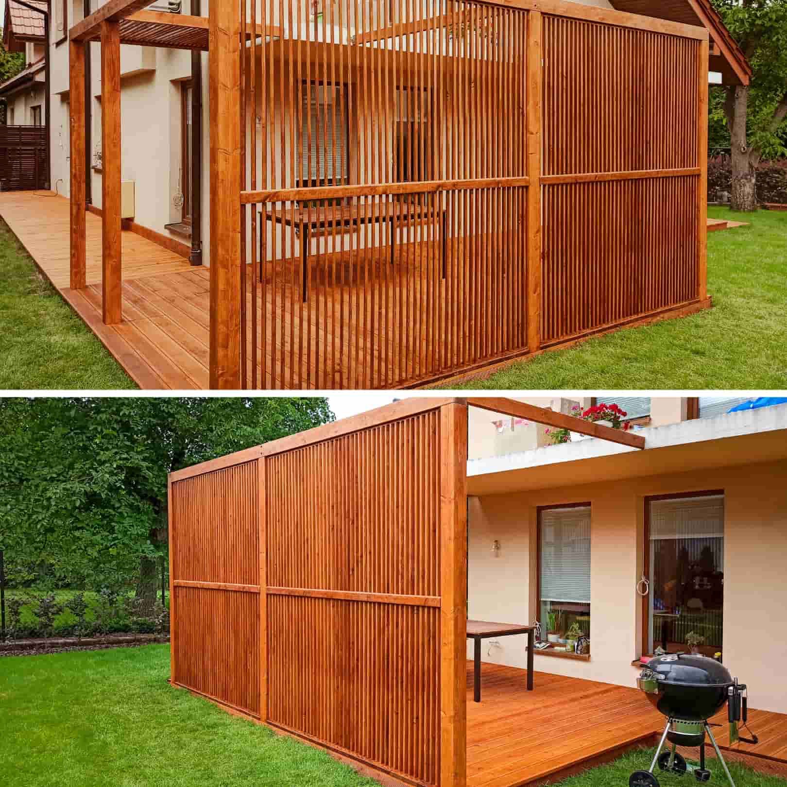 Nowoczesna pergola drewniana z pionowymi listwami osłaniająca taras, z widocznym stołem i grillem na tle zadbanego trawnika.