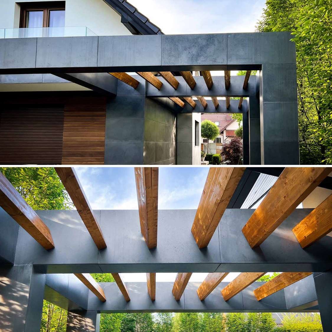 Nowoczesna konstrukcja z szarego betonu architektonicznego i drewnianych belek, tworząca zadaszone przejście, widok z dwóch perspektyw: od zewnątrz i od dołu, z widokiem na otaczającą zieleń i domy...