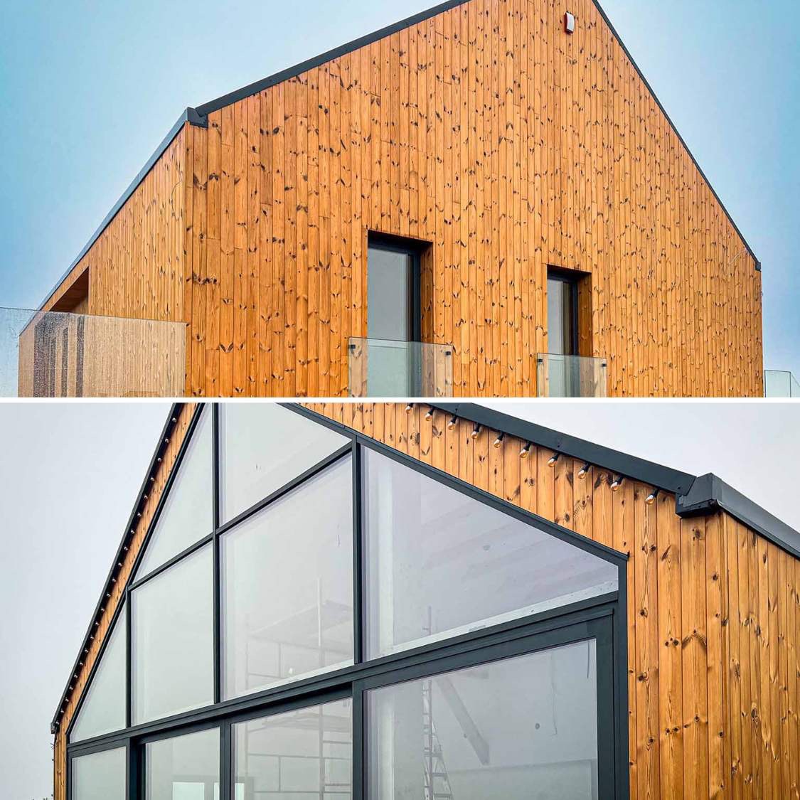 Dwupoziomowe ujęcie nowoczesnego budynku z drewnianą elewacją, dużymi przeszkleniami i czarnymi ramami okiennymi, widoczne balkony z szklanymi barierkami.