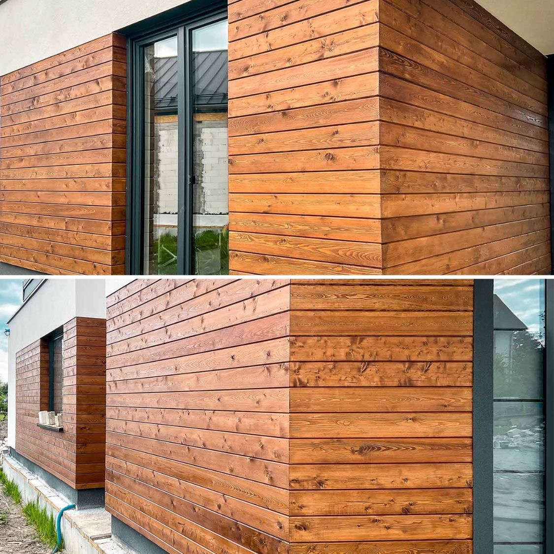 Elewacja budynku wykończona poziomymi deskami z drewna o ciepłym, brązowym odcieniu, z widocznym usłojeniem. Deski zamontowane na narożniku budynku, przylegają do czarnej ramy okiennej. Widoczne...