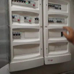 Dwa białe panele elektryczne ETI zamontowane obok siebie, z których jeden ma otwarte drzwi, a drugi z częściowo zasłoniętym panelem, na tle szarej ściany i metalowej rury.