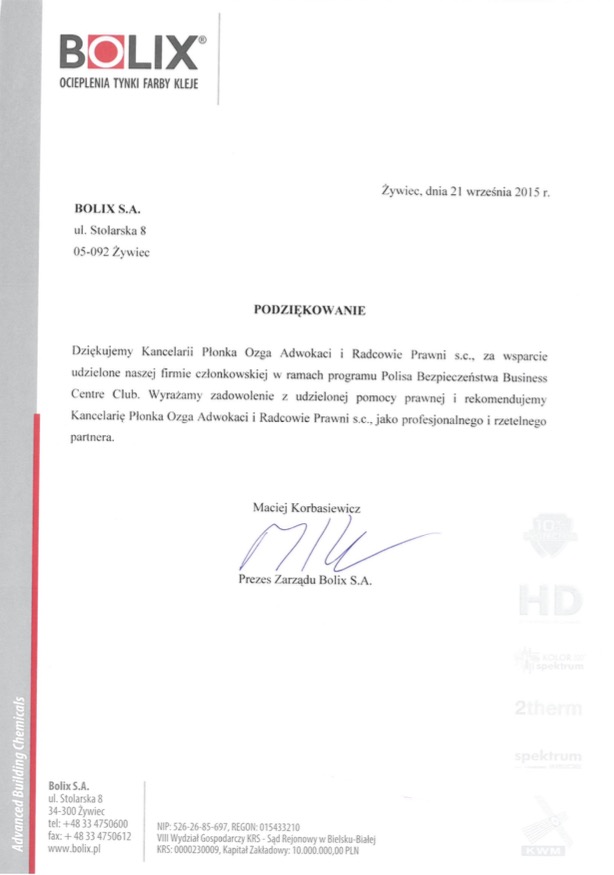 Skan dokumentu z podziękowaniem od firmy Bolix S.A. dla Kancelarii Płonka Ozga Adwokaci i Radcowie Prawni s.c. za wsparcie prawne w ramach programu Polisa Bezpieczeństwa Business Centre Club...