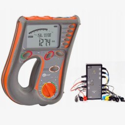 EL-SOB PIOTR SOBKIEWICZ - Miernik izolacji Sonel MIC-2510 z widocznym wyświetlaczem wskazującym 127.4 GΩ oraz modułem interfejsu z przewodami pomiarowymi na białym tle.