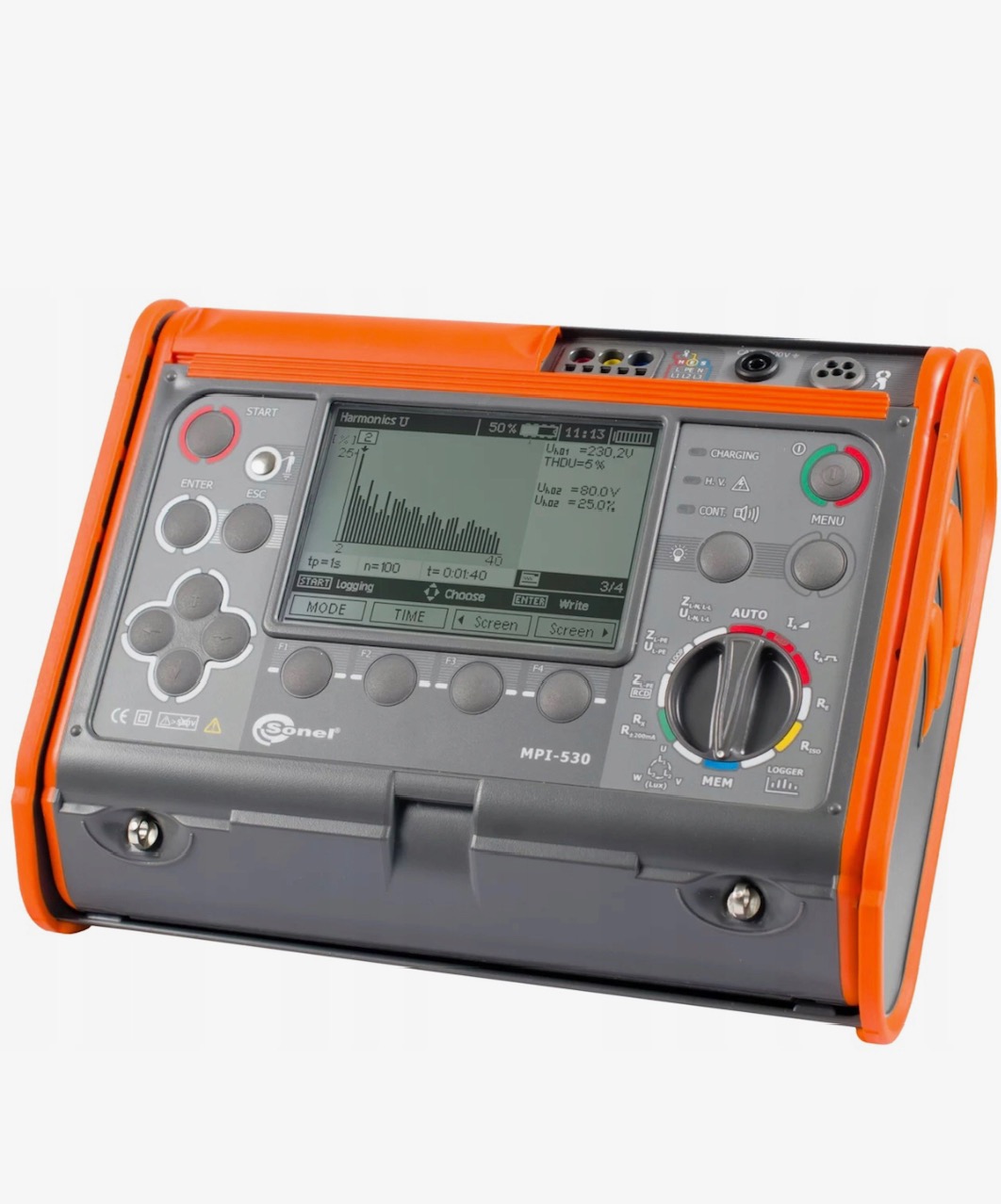 Wielofunkcyjny miernik parametrów instalacji elektrycznej Sonel MPI-530 z widocznym ekranem prezentującym analizę harmonicznych napięcia.