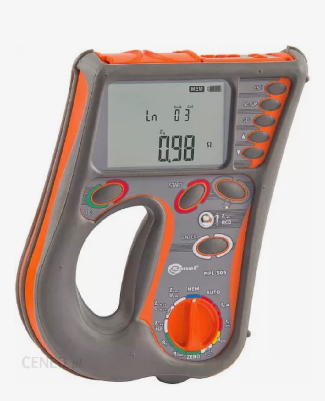 Miernik elektryczny Sonel MPI-505 z pomarańczowymi akcentami na szaro-grafitowej obudowie, wyświetlający wartość 0.98 Ω na ekranie LCD.