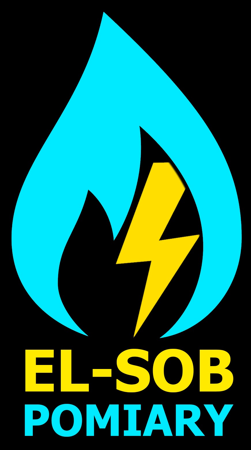 Logo firmy EL-SOB POMIARY: stylizowany płomień w kolorze turkusowym otacza żółty symbol błyskawicy na czarnym tle.