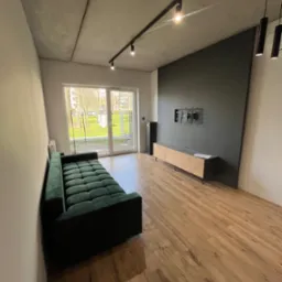 Nowoczesny salon z zieloną sofą, drewnianą podłogą i czarną ścianą akcentującą z zamontowanym uchwytem na telewizor, oświetlenie szynowe na suficie.