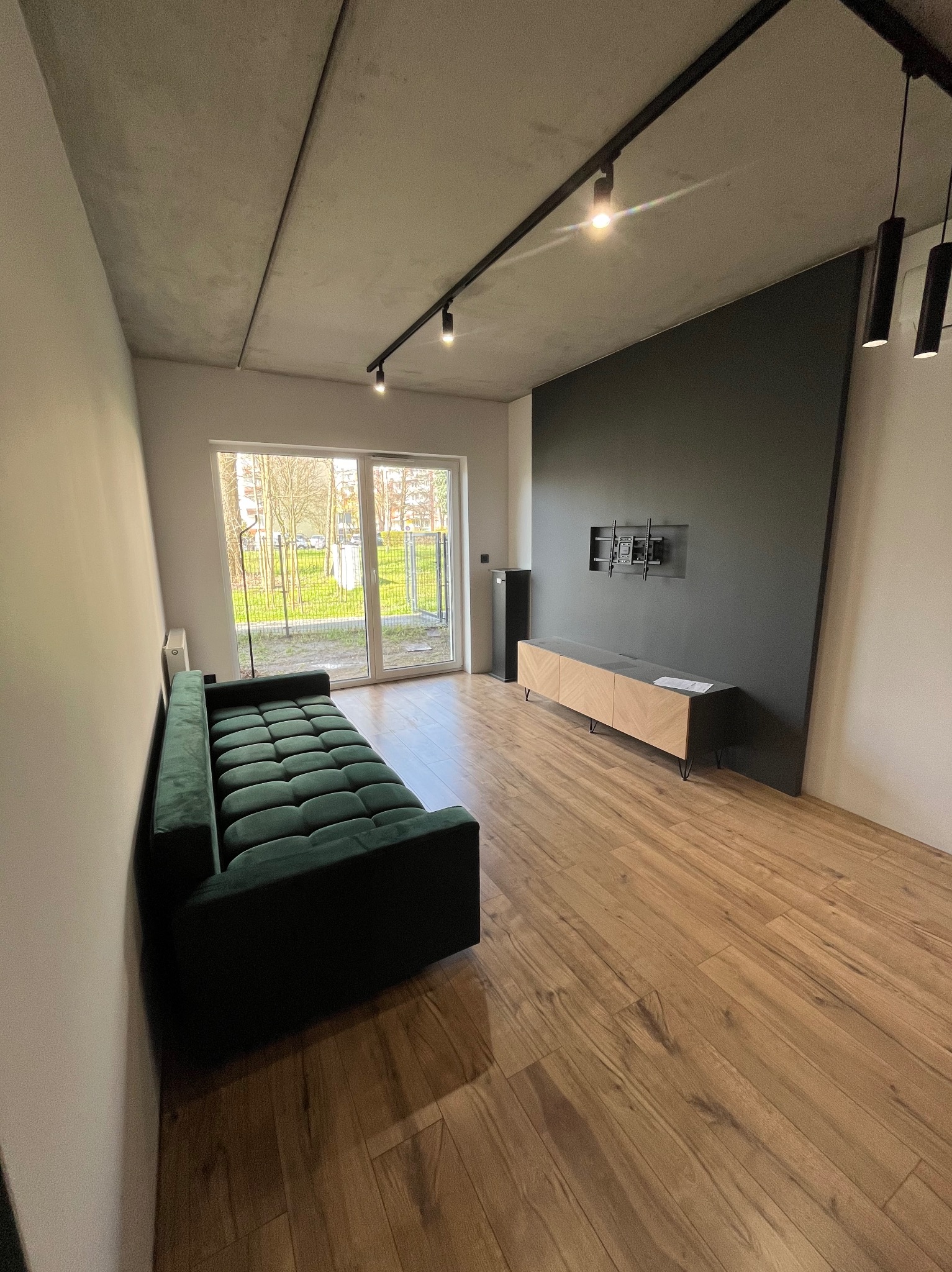 Nowoczesny salon z zieloną sofą, drewnianą podłogą i czarną ścianą akcentującą z zamontowanym uchwytem na telewizor, oświetlenie szynowe na suficie.