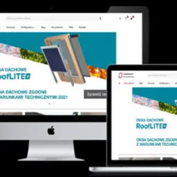 Responsywna strona internetowa Budujemy.eu prezentowana na laptopie, monitorze, tablecie i smartfonie, z widocznym logo i ofertą okien dachowych RoofLITE.