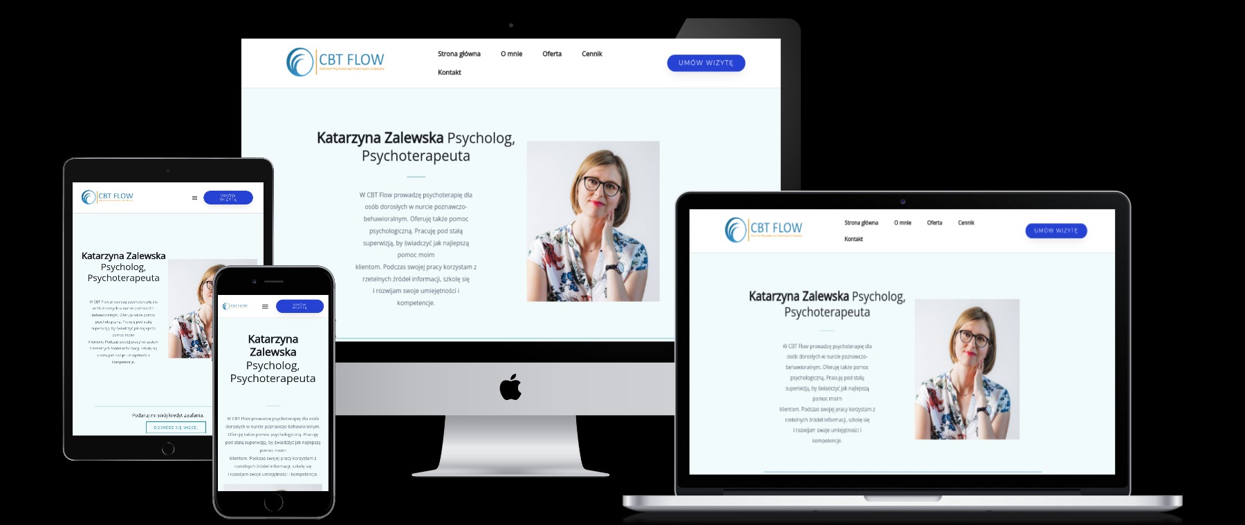 Responsywna strona internetowa CBTFlow.pl na monitorze, tablecie i smartfonie, prezentująca usługi psychologiczne Katarzyny Zalewskiej z Wodzisławia Śląskiego.