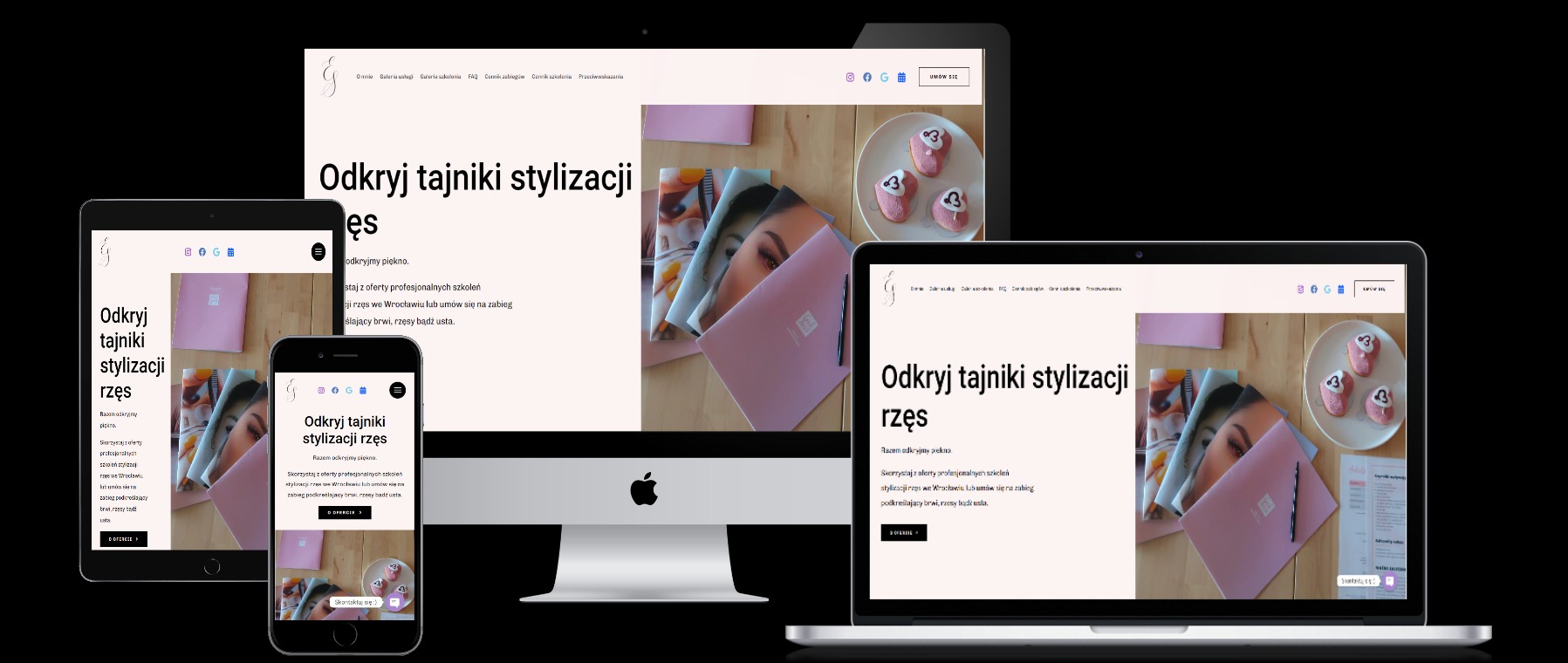 Responsywna strona internetowa EwelinaSzkolizRzes.pl wyświetlana na monitorze, tablecie i smartfonie, prezentująca ofertę stylizacji rzęs, obok materiały reklamowe i słodkie przekąski.
