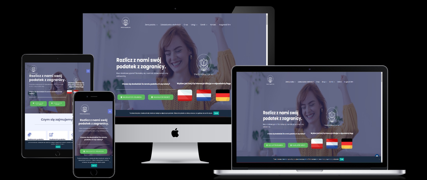 Responsywny portal internetowy TwojPodatekNL.PL wyświetlany na laptopie, tablecie i smartfonie, prezentujący stronę główną z kalkulatorem zwrotu podatku z zagranicy, widoczny interfejs użytkownika.