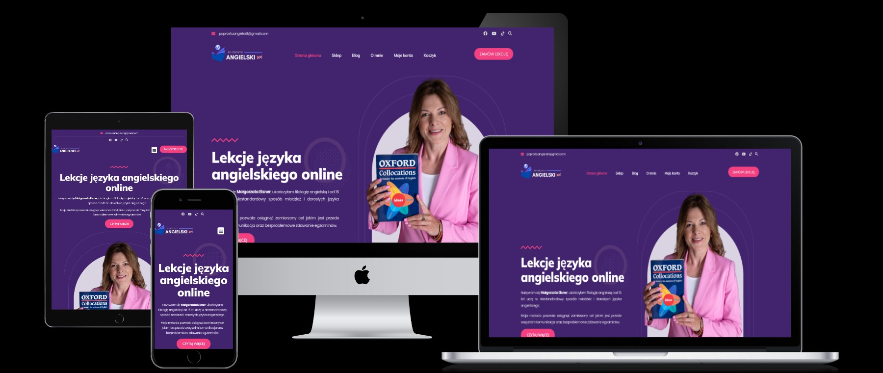 Responsywna strona internetowa PoProstuAngielski.pl wyświetlona na laptopie, tablecie i smartfonie, prezentująca ofertę lekcji języka angielskiego online. Kobieta w różowej marynarce trzyma...