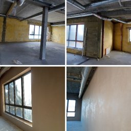 Maestro - Cztery kadry z remontowanego pomieszczenia: surowy stan z instalacjami pod sufitem, przygotowanie ścian, okno z widoczną szpachlą i wygładzona ściana z widocznymi rurami wentylacyjnymi.