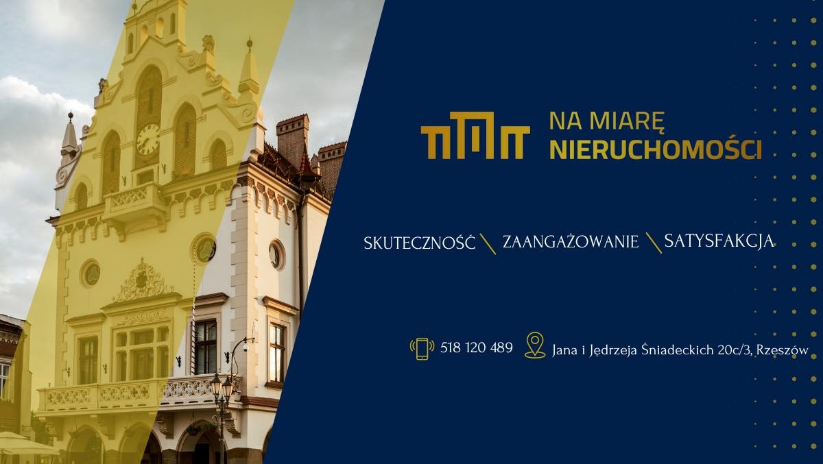 Elewacja zabytkowej kamienicy w Rzeszowie, częściowo przesłonięta granatowym tłem z logo i danymi kontaktowymi agencji nieruchomości 'Na Miarę Nieruchomości'.