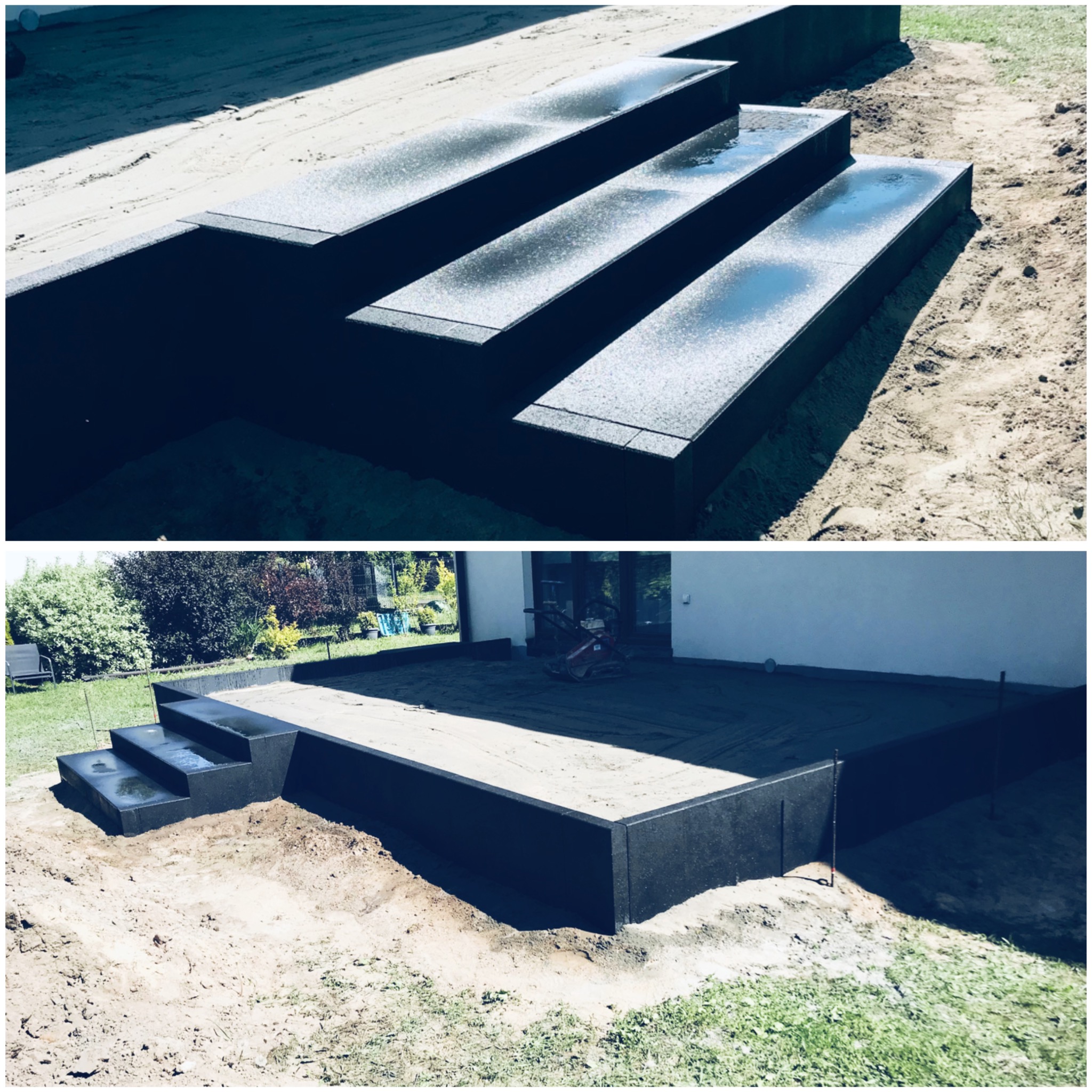 Nowoczesny taras z czarnych płyt kamiennych w trakcie budowy, widoczne schody tarasowe i przygotowane podłoże z piasku, ubijarka w tle.