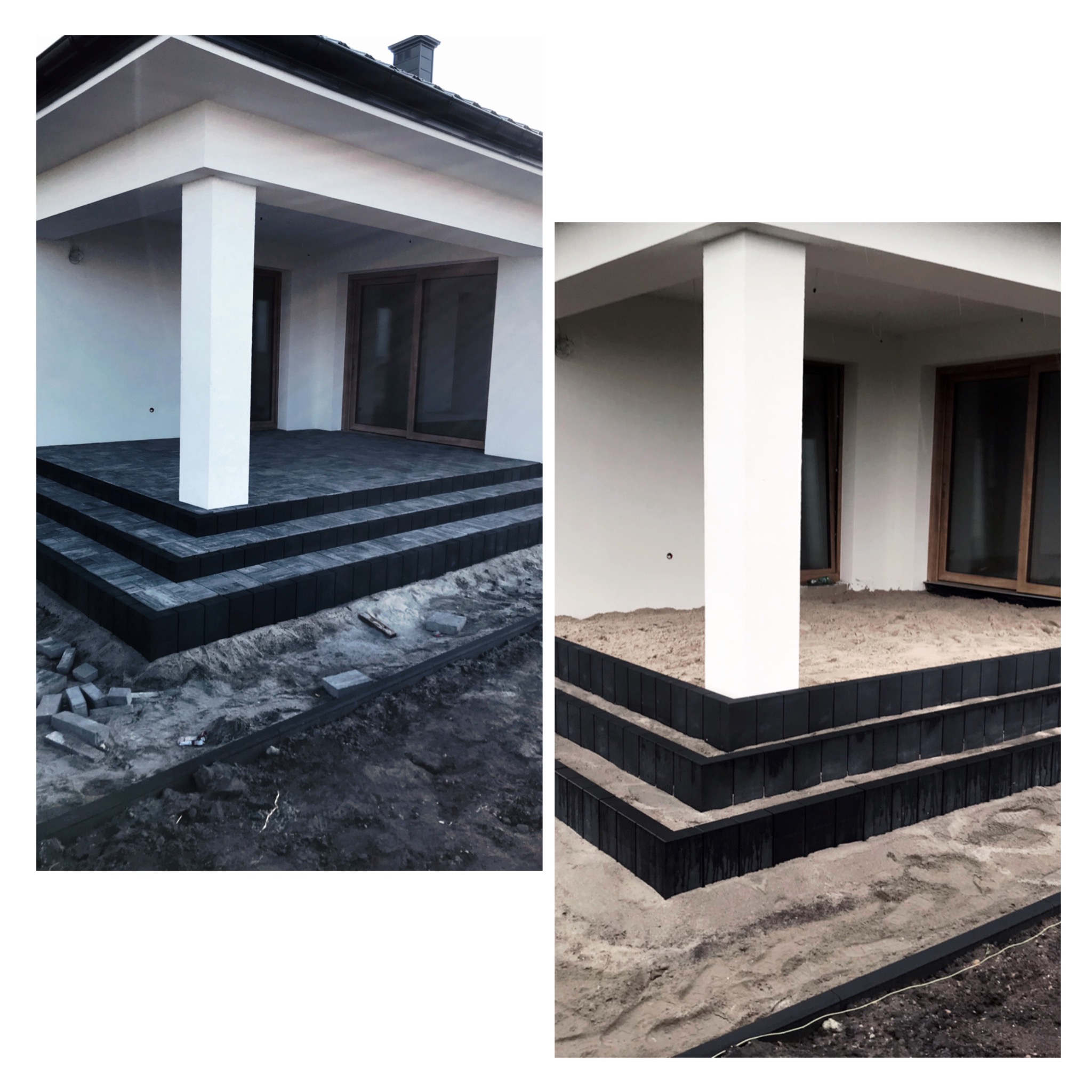 Budowa schodów wejściowych z ciemnej kostki brukowej, widoczne niedokończone prace ziemne i przygotowanie podłoża.