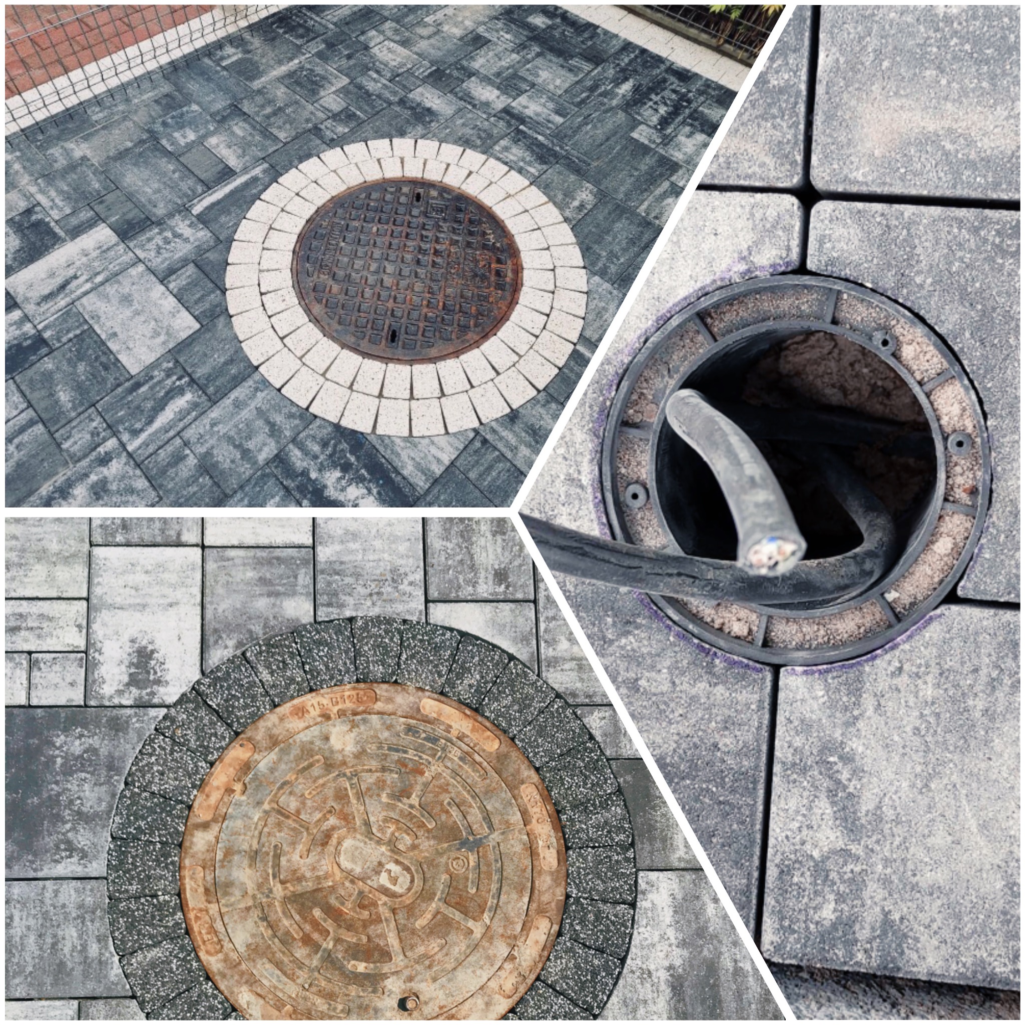 Kompozycja z trzech ujęć: kostka brukowa z włazem studzienki otoczonym jasnymi kostkami, zbliżenie włazu z ciemniejszymi kostkami wokół, oraz otwarta studzienka z widocznymi kablami.