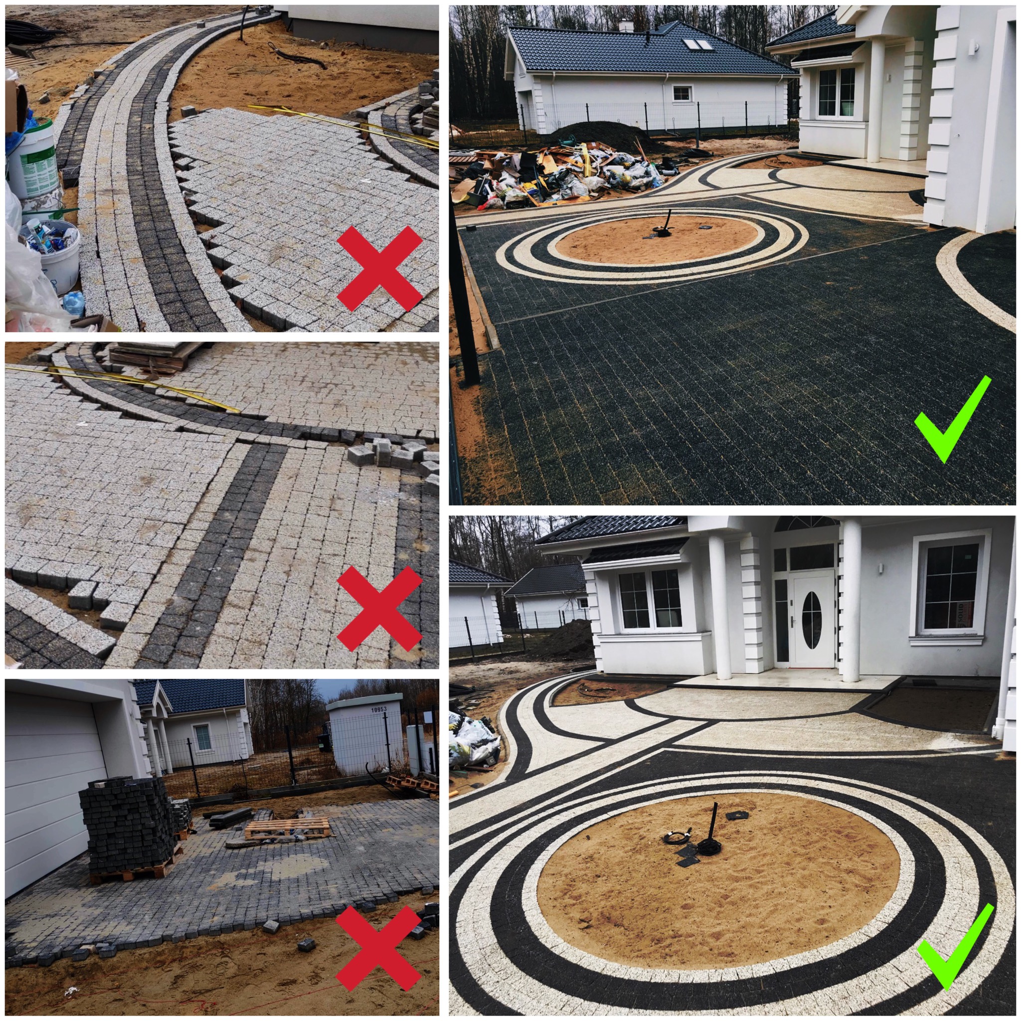 Kolaż zdjęć prezentujący etapy układania kostki brukowej, z wyraźnym kontrastem między niedokończonymi fragmentami (oznaczone czerwonym X) a gotowymi, estetycznymi powierzchniami przed domem.