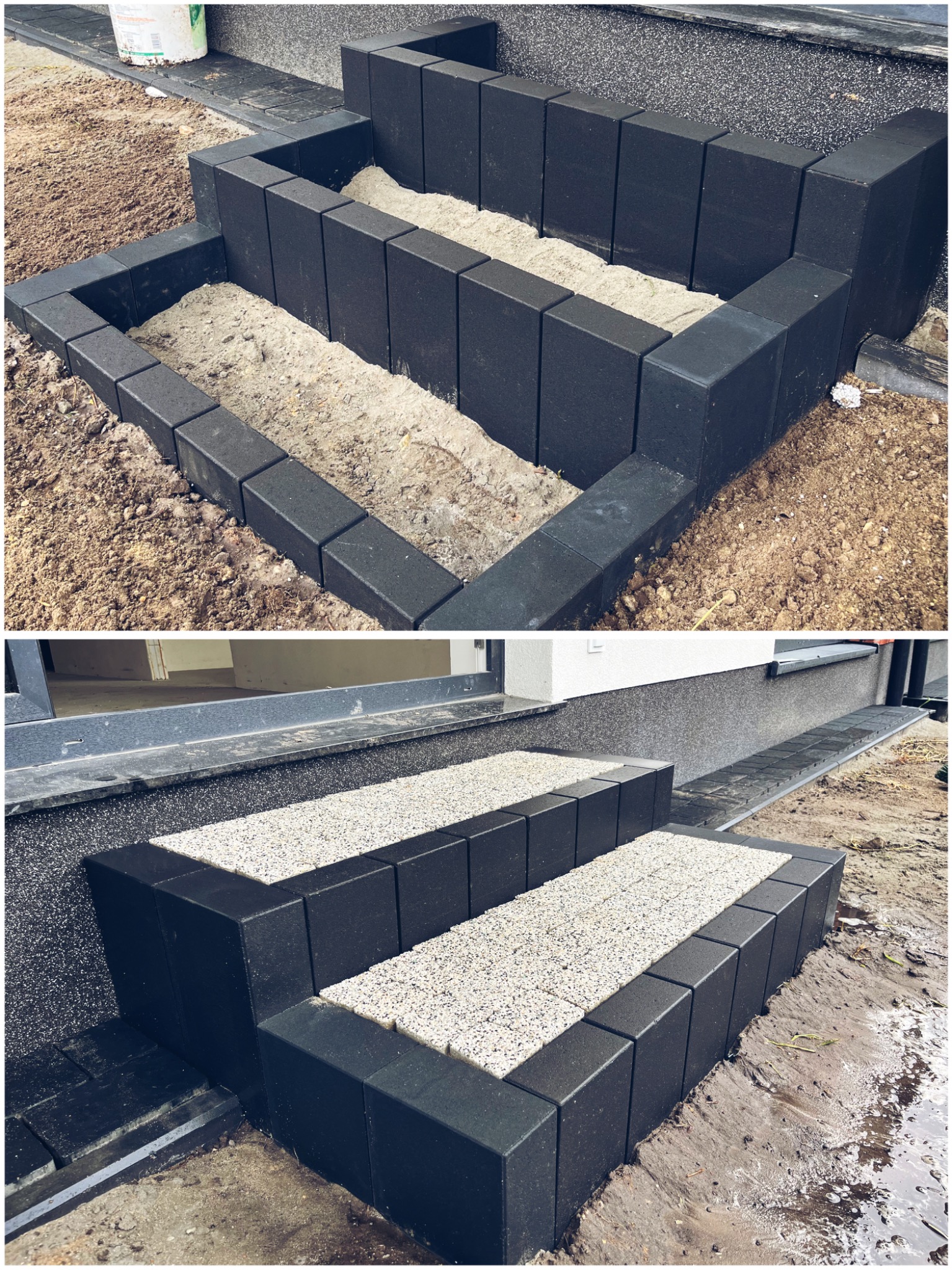 Schody zewnętrzne z ciemnej kostki obrzeżowej, wypełnione jasnym kruszywem, w trakcie realizacji, widoczne elementy drenażu i przygotowania podłoża.