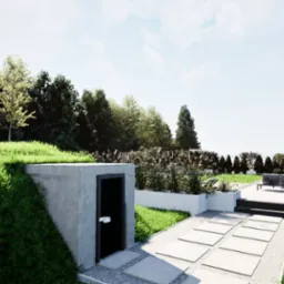 Nowoczesny ogród z ziemianką pokrytą trawą, ścieżką z płyt i minimalistycznym tarasem z meblami.