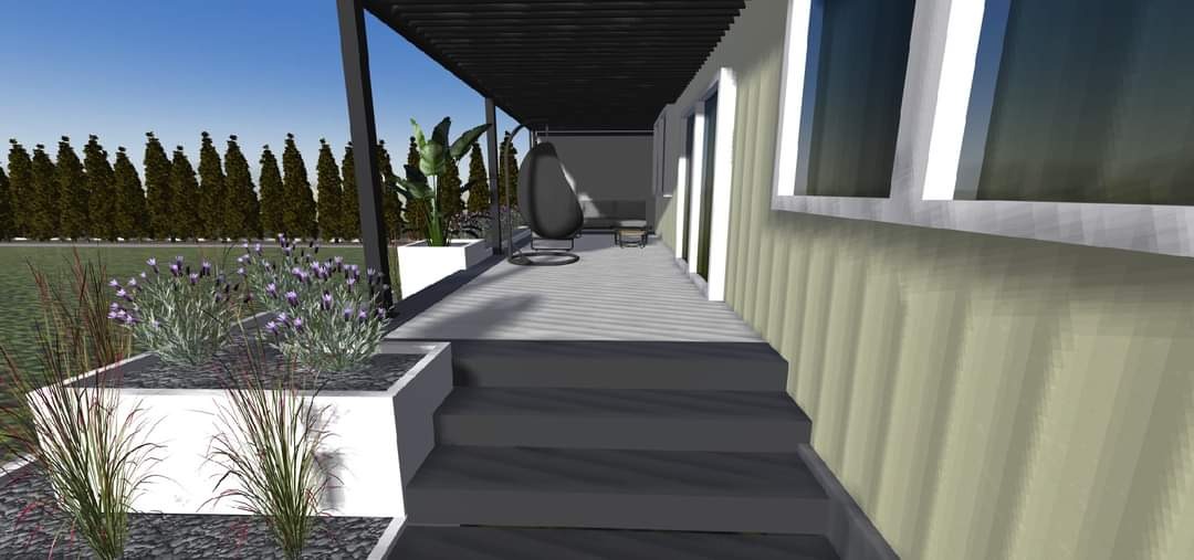 Wizualizacja tarasu z pergolą, wiszącym fotelem, roślinami w białych donicach i schodami wejściowymi.