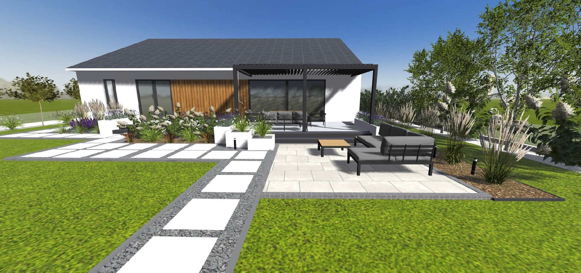 Wizualizacja ogrodu z nowoczesnym domem, tarasem z meblami wypoczynkowymi, ścieżką z białych płyt i rabatami z ozdobnymi trawami i kwiatami.