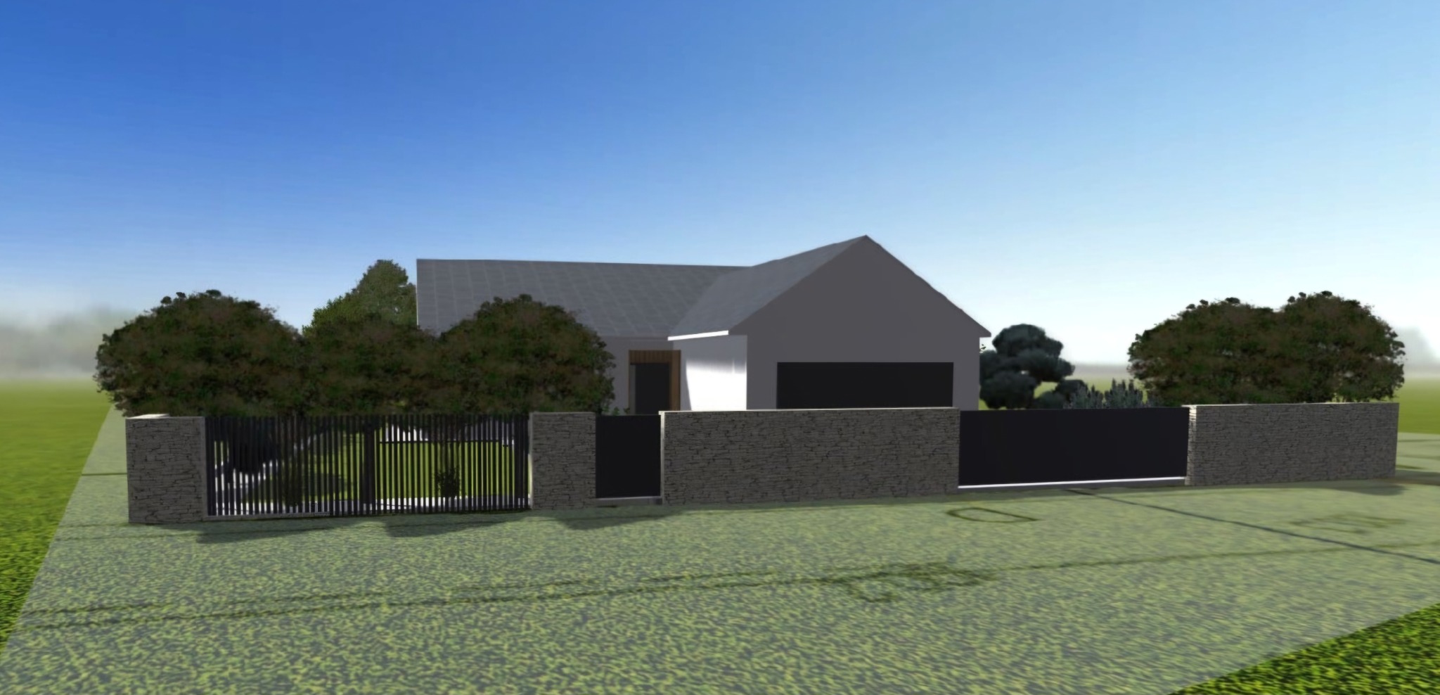 Wizualizacja projektu zagospodarowania terenu przed domem z nowoczesnym ogrodzeniem z kamiennymi słupkami, metalową bramą i furtką, oraz zielenią.