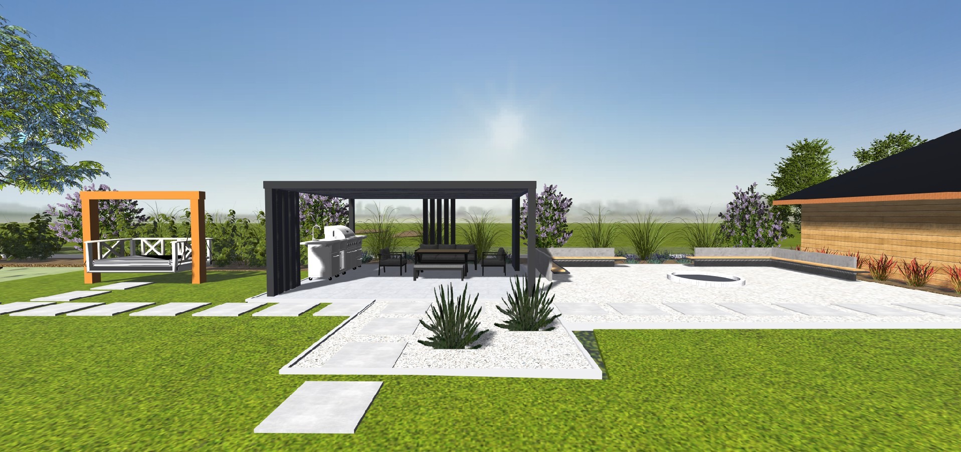 Wizualizacja ogrodu z pergolą, grillem, huśtawką i ścieżką z płyt na trawniku.