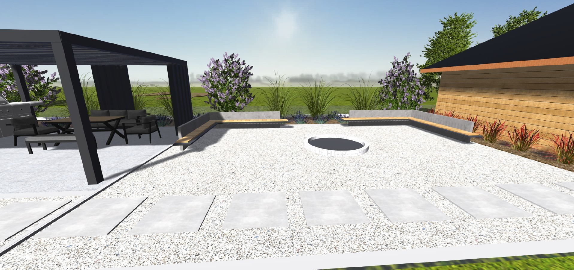 Wizualizacja przestrzeni zewnętrznej z paleniskiem, siedziskami z drewna i kamienia, żwirowym podłożem oraz zadaszoną strefą relaksu z meblami ogrodowymi.