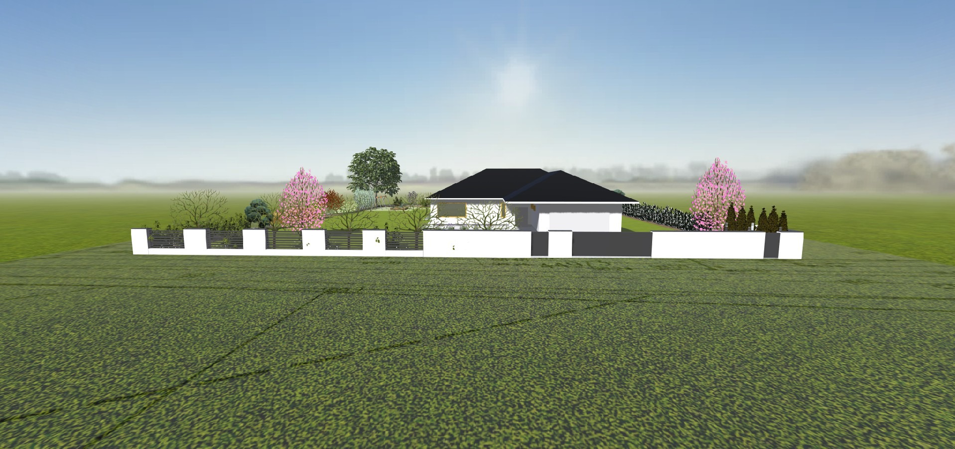 Wizualizacja projektu ogrodu z nowoczesnym domem, białym ogrodzeniem i różnorodną roślinnością, w tym drzewami o różowych kwiatach i pnączami na ścianie budynku.