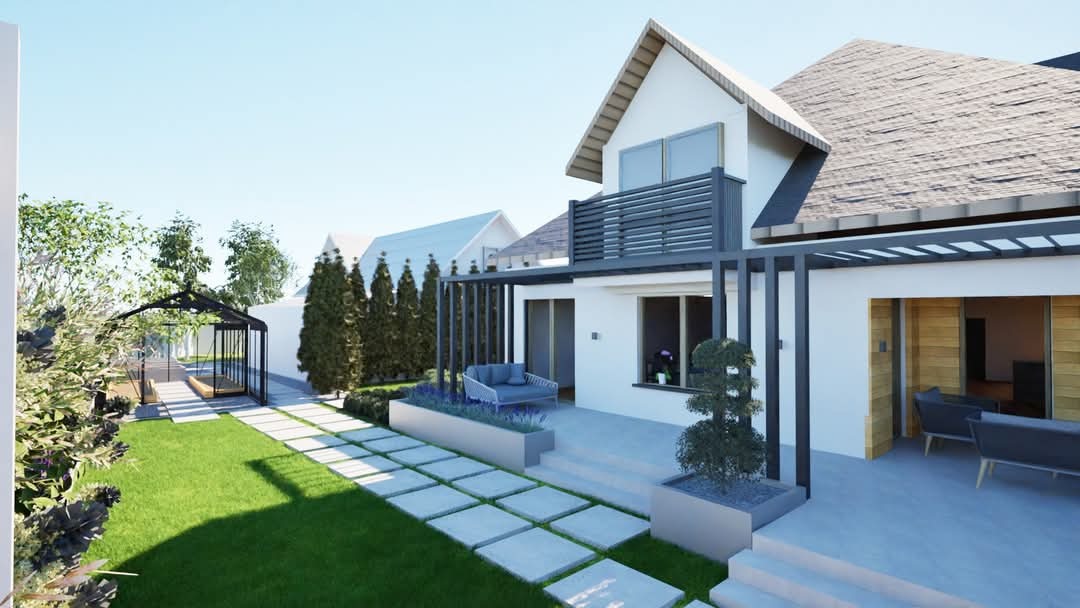 Wizualizacja nowoczesnego ogrodu z białym domem, trawnikiem, ścieżką z betonowych płyt, pergolą, altaną i roślinami w geometrycznych donicach.