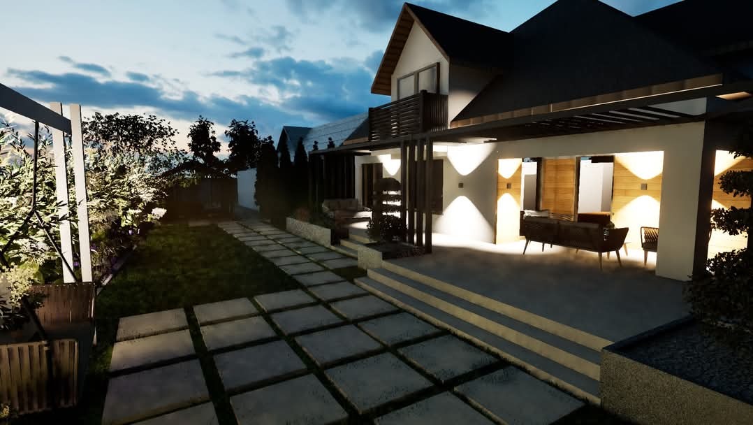 Projekt ogrodu z nowoczesnym domem jednorodzinnym, oświetlonym ogrodem, ścieżką z betonowych płyt i tarasem z meblami ogrodowymi.