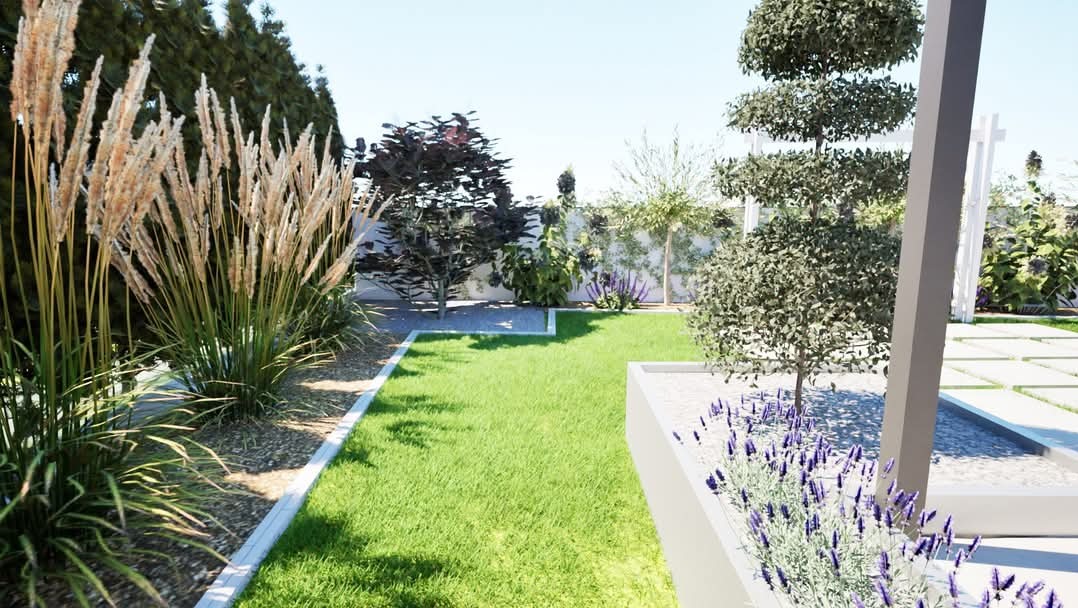 Wizualizacja ogrodu z ozdobnymi trawami, formowanymi drzewami i lawendą w geometrycznych rabatach, na tle zielonego trawnika i białego ogrodzenia.