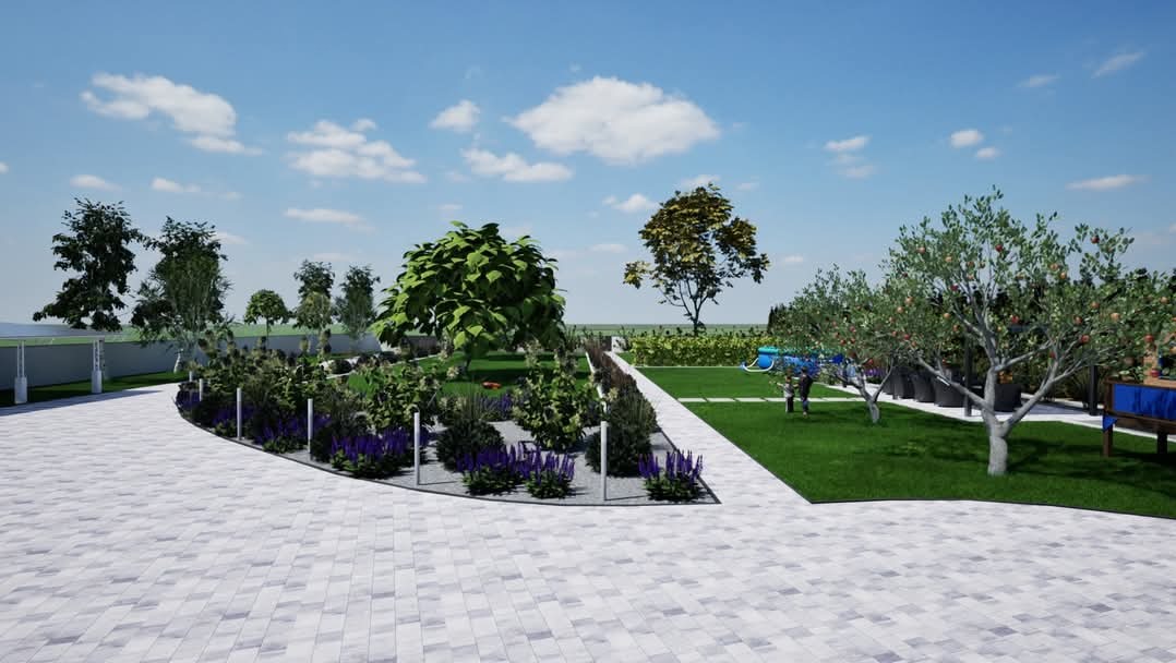 Wizualizacja ogrodu z brukowaną ścieżką, rabatami kwiatowymi, drzewami owocowymi i trawnikiem, z widocznym basenem w tle.