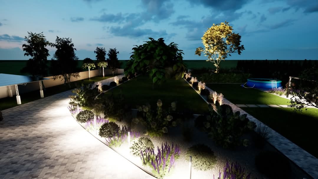 Wizualizacja nocnego ogrodu w Ostrołęce z podświetlonymi ścieżkami, rabatami z lawendą i drzewami, w tle basen ogrodowy. Ujęcie z lotu ptaka.